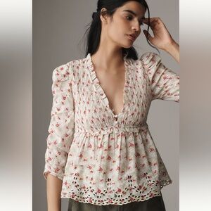 Anthropologie Ruched-sleeve Smocked Blouse